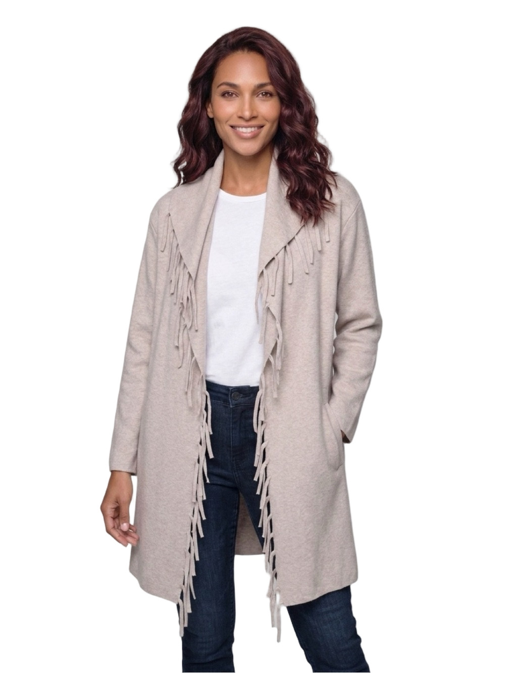 STYLE & CO Sweater Jacket Cardigan Drape Collar Fringe Neutral Beige Women